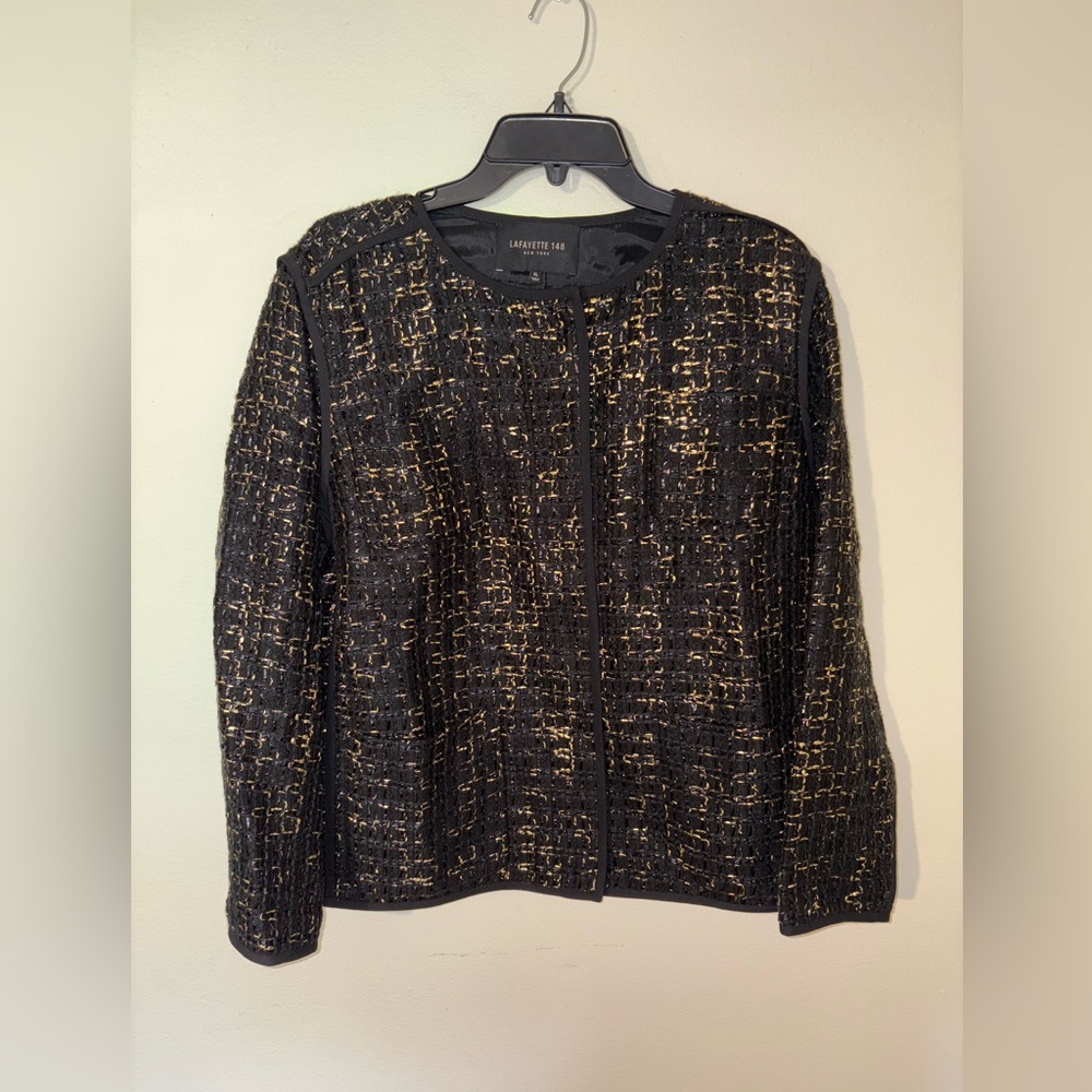 Lafayette 148 New York Black Gold Tweed Metallic Jacket Top Sz Women’s XL